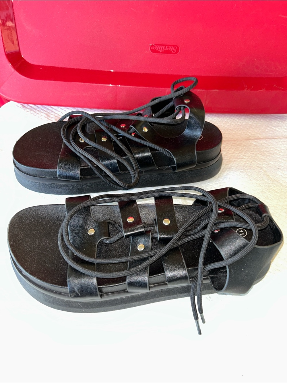 Rouge! Black Lace-Up Platform Sandals with Gold Studs